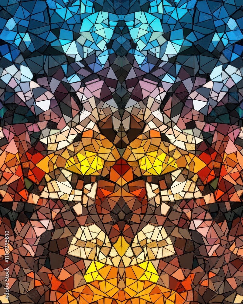 Poster a vibrant abstract mosaic featuring a kaleidoscope of colors and geometric shapes, creating a mesmer