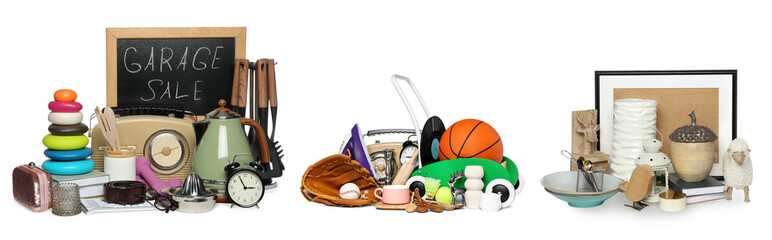 Garage sale. Different stuff isolated on white, set