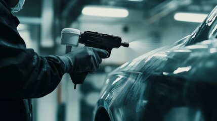 Bright lights illuminate the workspace where a skilled technician meticulously sprays paint onto a sleek car's exterior, showcasing precision and attention to detail.
