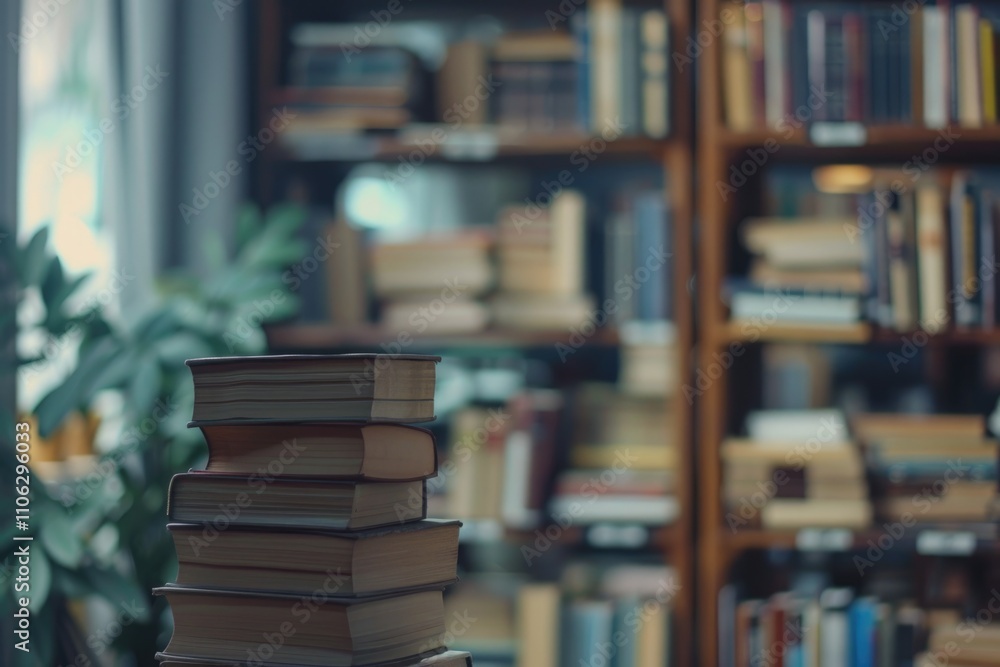 Poster library room with book stack and blurred bookshelf for business and education background.