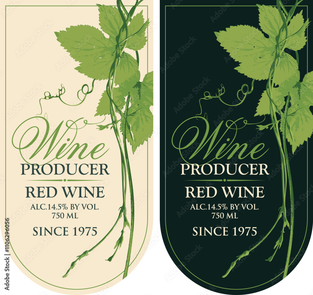 Aufkleber set of two vector labels for wine with vine leaves, grapevine and calligraphic inscriptions in retro