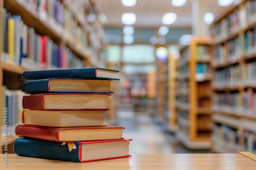 Poster library room with book stack and blurred bookshelf for business and education background.