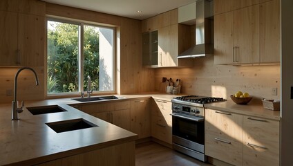 Light wood kitchen with stainless steel fixtures.