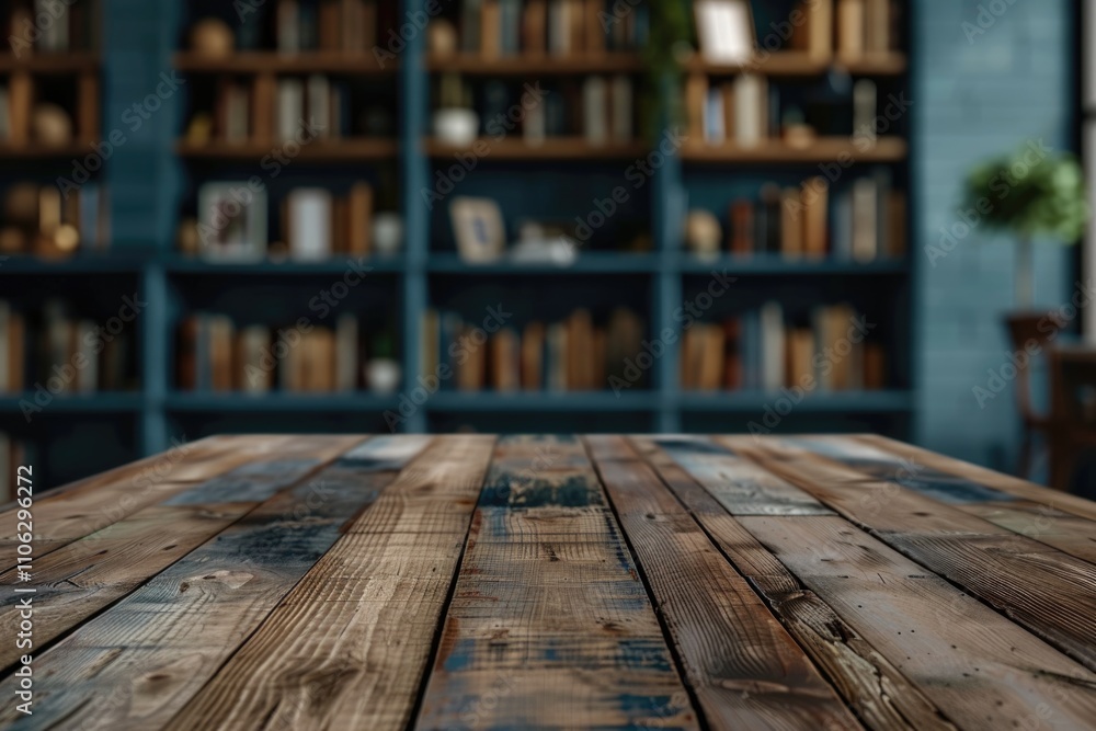 Poster product display on modern library background with empty wooden table.