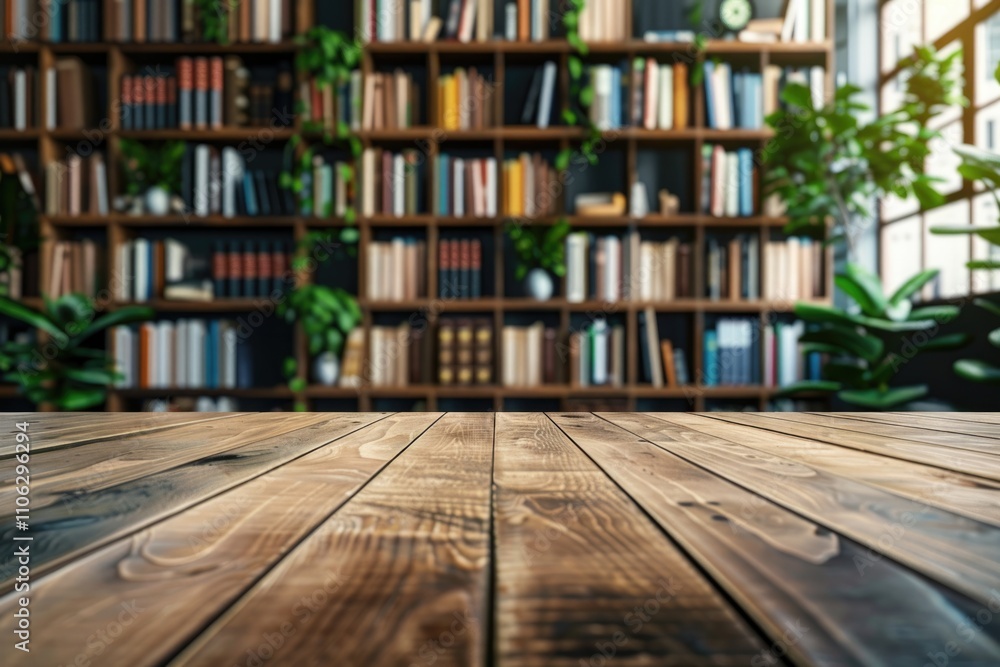 Poster product display on modern library background with empty wooden table.