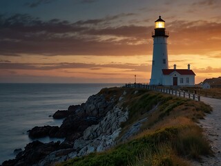 Lighthouse at dusk by the sea.