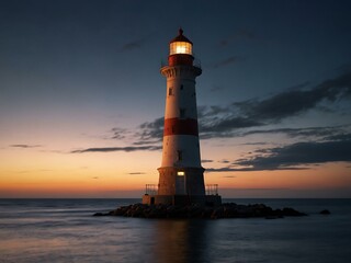 Lighthouse at dusk by the sea.