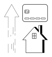 Credit card, house, and upward arrow. Ideal for finance, real estate, credit growth, investment, mortgage economic development upward trends. Line metaphor