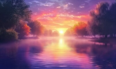 Obraz premium Sunset reflection over tranquil river, vibrant colors, misty atmosphere, trees lining banks, serene landscape