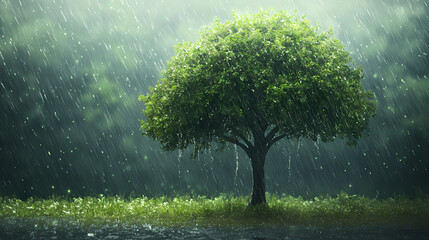 A lush green tree stands serene amidst a torrential downpour in a verdant forest. Verdant. Illustration