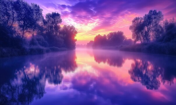 Serene river at dawn with vibrant reflections, misty landscape, colorful sky, trees lining banks, tranquil water surface - Powered by Adobe