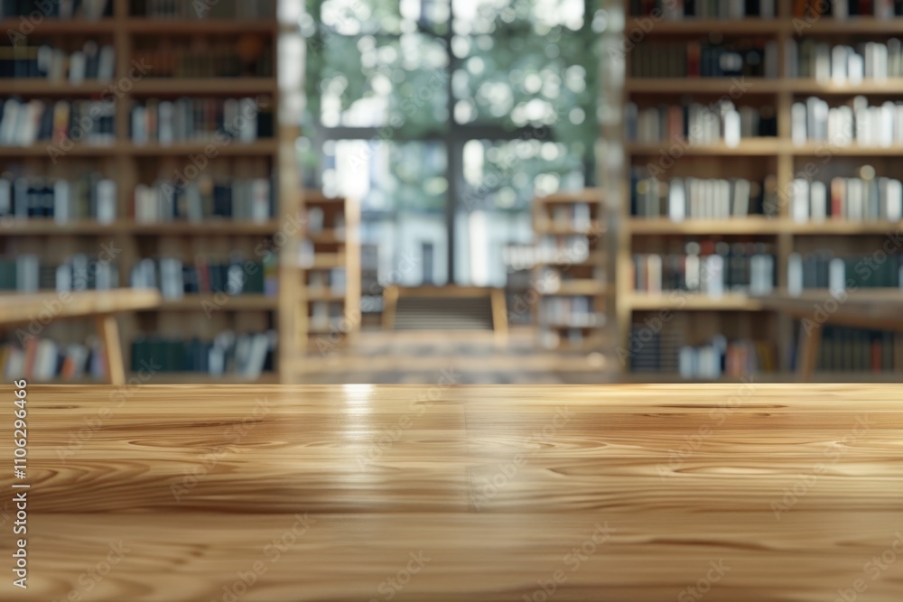 Poster empty wooden table and modern library background