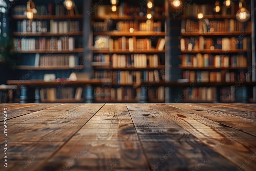 Poster product display on modern library background with empty wooden table.