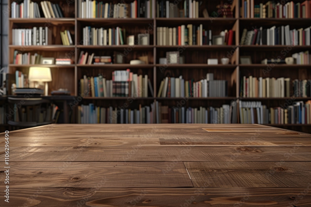 Poster product display on modern library background with empty wooden table.