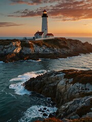 Naklejka premium Lighthouse on rocky cliffs at sunset by the ocean.