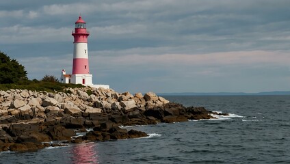 Lighthouse with a pink and white tower on a rocky shore.