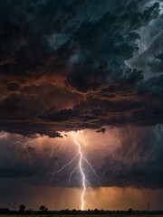 Fototapeta premium Lightning bolt cutting through a dramatic sky at sunset.