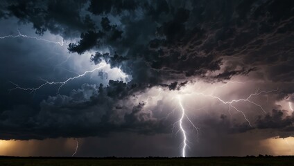 Lightning bolt striking through storm clouds.