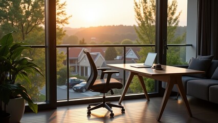 A modern balcony workspace with a sleek desk, ergonomic chair, laptop, and a large plant. Overlooking a peaceful suburban neighborhood of trees and rooftops, bathed in warm, soft sunlight