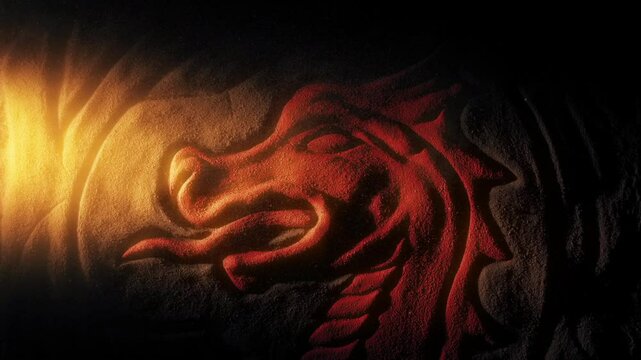 Sun Lights Up Dragon Carving Fantasy Scene

