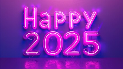 Bold neon "Happy New Year 2025" letters glowing brightly, isolated on a vibrant purple background.