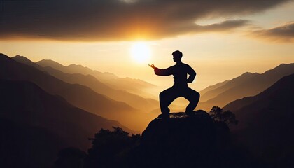 A person practicing tai chi on a mountain top, silhouette, action photography, aesthetics,