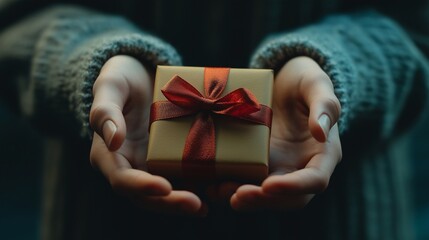 A close-up of a person's hands presenting a small gift box with a ribbon. The gesture radiates thoughtfulness and generosity, celebrating special moments like Valentine’s Day or birthdays