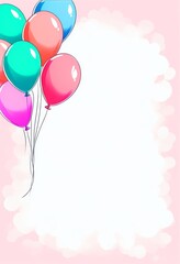 Ein fr&ouml;hliches Design mit bunten Luftballons auf einem rosa Hintergrund und einem wei&szlig;en zentralen Bereich. Perfekt als Mockup f&uuml;r Geburtstags- oder Einladungskarten. Generative KI.