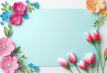 Ein fr&uuml;hlingshaftes Design mit einer blauen Karte, umrahmt von rosa Papierblumen, Tulpen und gr&uuml;nen Bl&auml;ttern. Perfekt als Mockup f&uuml;r Gru&szlig;- oder Geburtstagskarten. Generative KI.