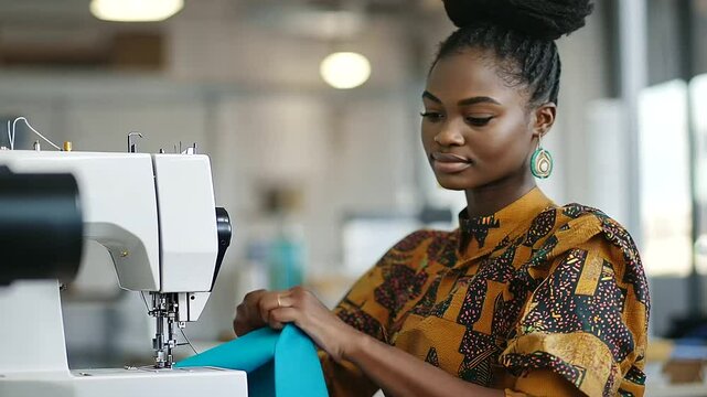 Fashion Designer Sewing Vibrant Ankara Fabric in Modern Workshop