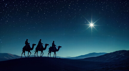 Fototapeta premium Three Wise Men On Camels In Desert Under Nativity Star Star of Bethlehem Epiphany Celebration Background