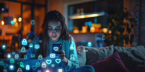 Fototapeta premium girl uses social media via smartphone application icons Generative AI