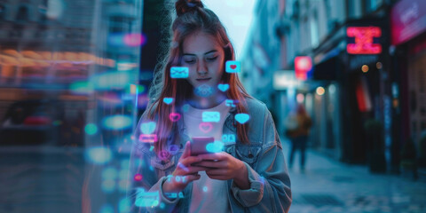 Obraz premium girl uses social media via smartphone application icons Generative AI