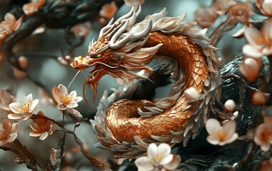 Fototapeta premium A majestic dragon intertwined with delicate cherry blossoms, symbolizing power and beauty in harmony with nature.