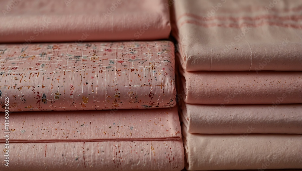 Poster lined-up pink fabrics with various patterns.