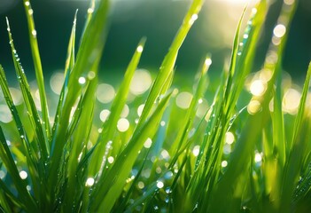 Fototapeta premium macro shot highlighting vibrant dew covered grass blades detailed textures reflective water droplets, green, morning, sunlight, leaves, plants, depth, growth