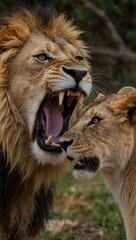Fototapeta premium Lion and lioness roaring at each other.