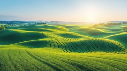 Obraz premium Rolling green hills at sunrise.