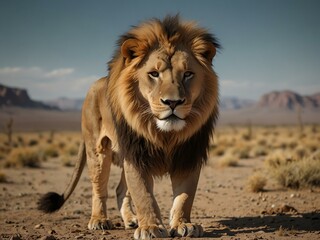Lion in the desert, majestic and wild.