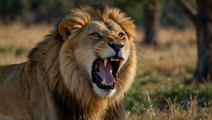 Fototapeta premium Lion roaring in the wild.