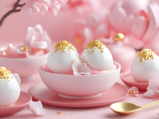 Fototapeta premium Delicate pink dessert balls adorned with gold, set against a soft pink background, evoking elegance and sweetness.