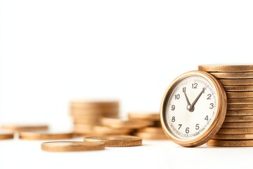 A close-up of stacked coins and a clock, representing the concept of time management in finance, illustrating the relationship between money and time in investments.