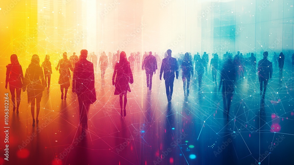 Poster this image showcases colorful figures connected by lines against a cityscape silhouette, symbolizing
