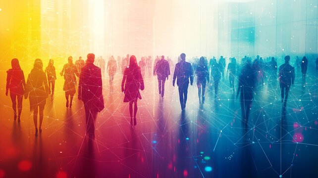 This image showcases colorful figures connected by lines against a cityscape silhouette, symbolizing the fusion of real-world and virtual interactions through social media