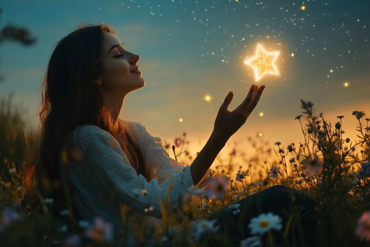 Woman sitting in field of flowers, reaching towards a large star, soft smile, starlit sky, midnight, gentle light, close-up on her face and hand 1