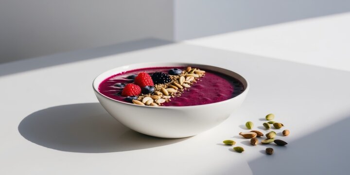 Berry smoothie bowl topped with nuts and seeds.
