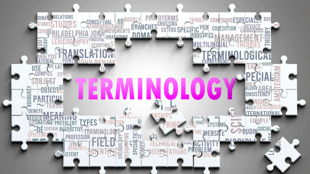Terminology as a complex subject, related to important topics. Pictured as a puzzle and a word cloud made of most important ideas and phrases related to terminology. ,3d illustration