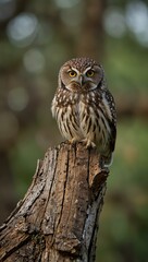 Obraz premium Little owl perched on old wood.