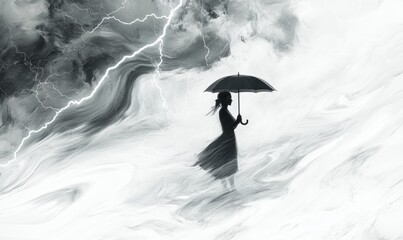 a woman with an umbrella, bold rain and lightning in an abstract storm. Grey clouds hover overhead, isolated on a white background