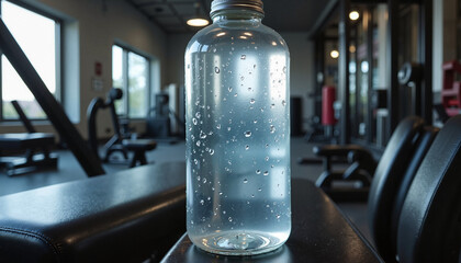 Clear water bottle with condensation on a gym bench in a fitness center